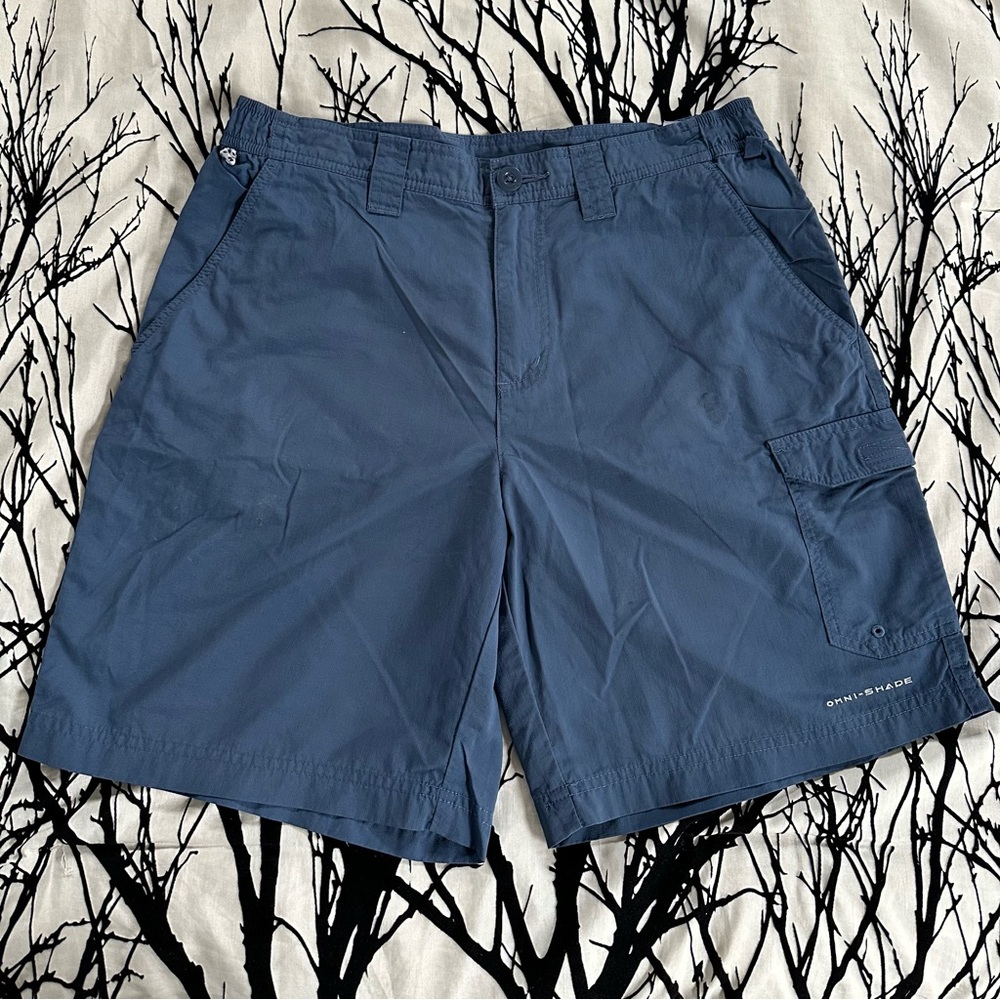 Men’s Columbia PFG Blue Cargo Shorts, Omni-Shade, Relaxed Fit, size 32, 8”